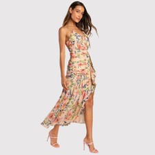 Lulus Dress Blush Pink Stunning Soiree Floral Ruched Midi V Neck Chiffon Small