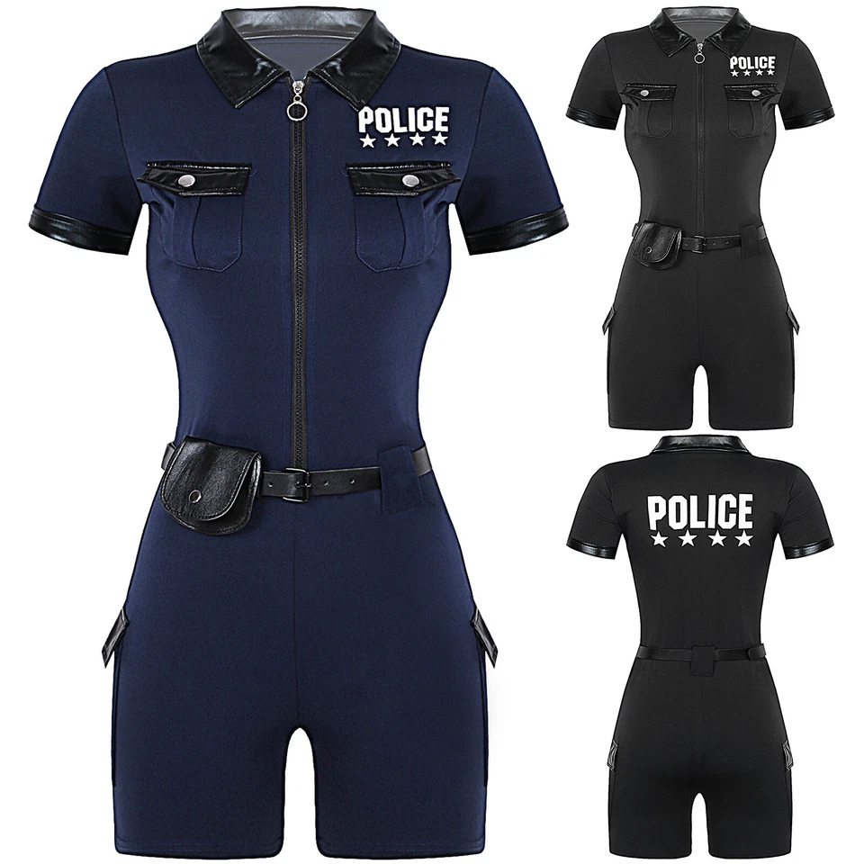 Sexy Disfraz de Oficial de Policía para Mujer Uniforme de Halloween Mono con Cinturón Cartera Foto 3 de 3