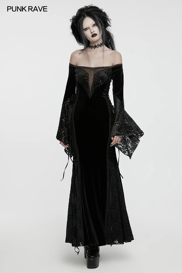 Punk Rave Black Gothic Punk Women Off-The-Shoulder Sexy Velvet Lace Long Dress - Image 3 of 4
