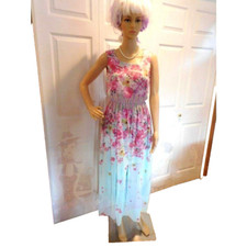New Floral Print Bohemian Chiffon Light Blue A-Line Scoop Neck Summer Dress M