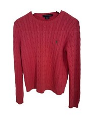 Ralph Lauren Pink 100 Cotton Cable Knit CrewNeck Sweater Green Pony L