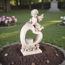 Gartenfigur Grabschmuck Engel mit Herz Grabengel f&uuml;r LED Grablichter Teelichter