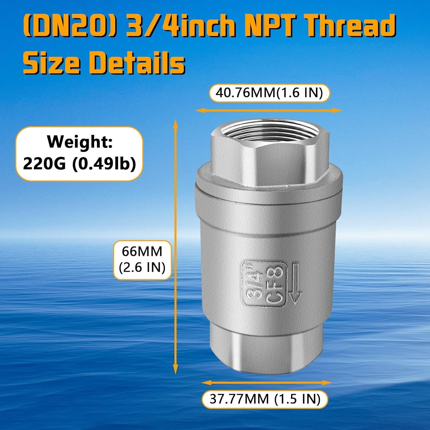 3/4 NPT Thread Spring Check Valve, Stainless Steel Non Return One Way Horizontal