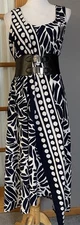 Melissa Paige Women’s Midi Dress Sz L Navy White Artsy Asymmetric Hem Classic
