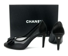CHANEL "CC" Black Mesh & Satin Bow Cap Toe Pump 3.25" Heel w/box BEAUTIFUL sz 36
