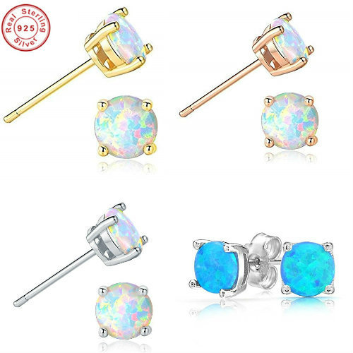 Round Fire Opal Stud Earrings 925 Sterling Silver Round Fire Opal Earrings Studs