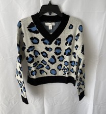 Treasure  Bond Girls V-neck Crop Sweater Ivory Dove Pop Leopard NEW
