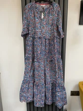 New Joules Lia blue floral blue woven tiered lightweight Dress pockets size 14
