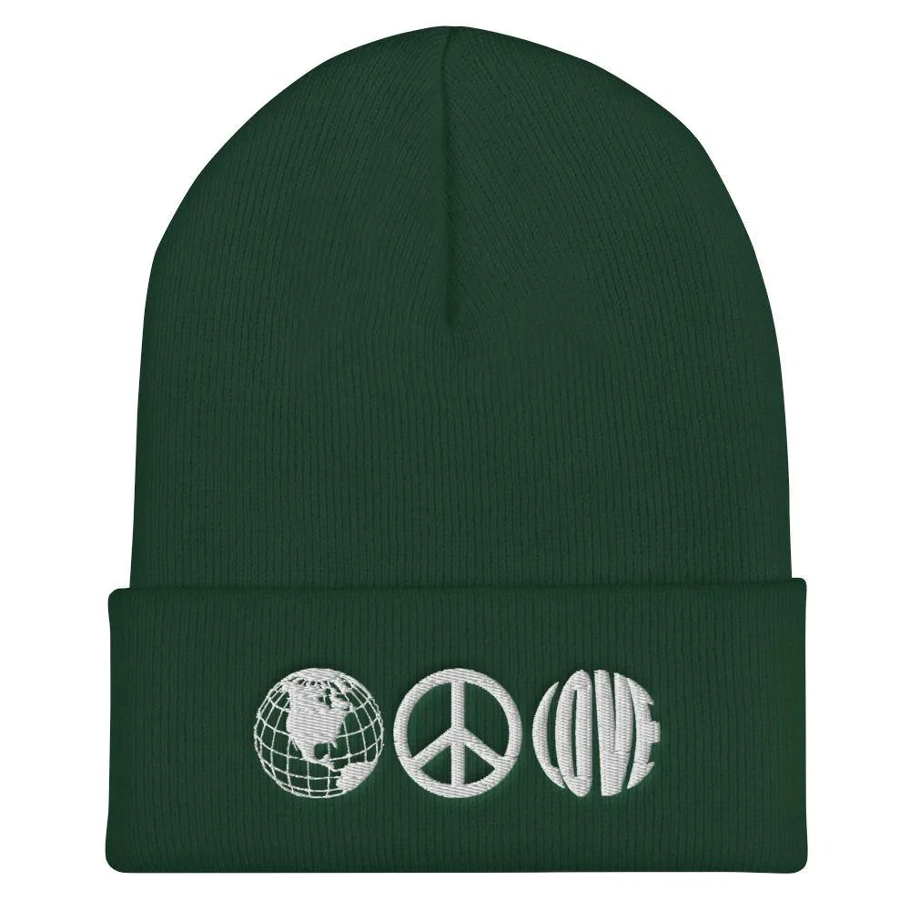 Peace and Love Unisex Embroidered Cuffed Beanie