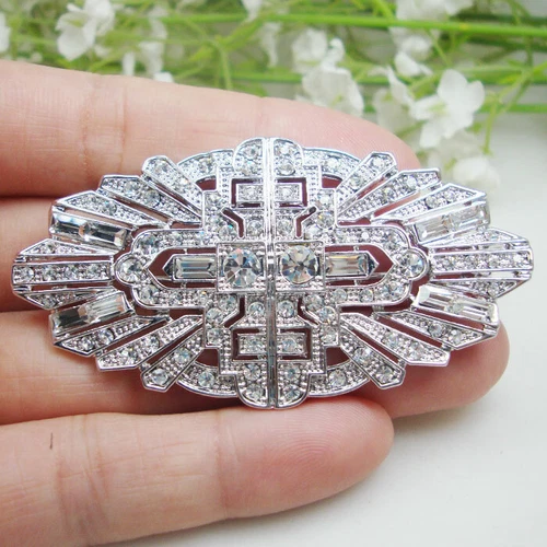 Woman's Vintage Buckle Crown Flower Brooch Pin Clear Rhinestone Crystal