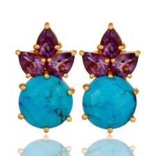 18K Gold Plated Sterling Silver Amethyst Turquoise Stud Earrings Jewelry