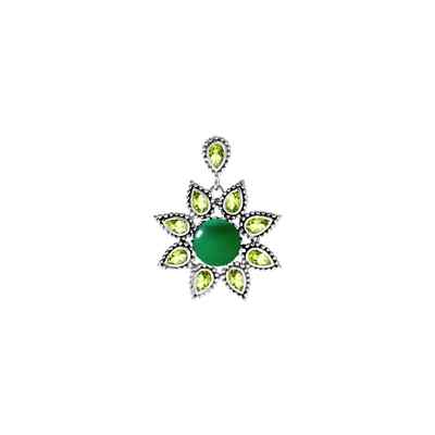 Kali Blumenanhänger Peridot & Achat 925 Sterling Silber, Feingezeichnete Kette