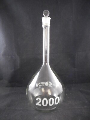 CHEMGLASS Glass 2000mL 2L Class A Volumetric Flask Stopper #27 CG-1600-10 1/PACK