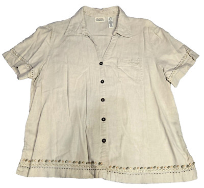 Classic Elements Womens Linen Blend Top Sz M Beaded Button Up Short Sleeve