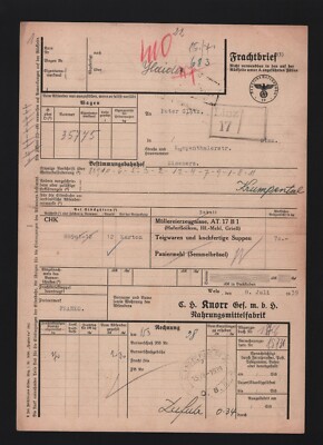 Frachtbrief 1939, C. H. Knorr GmbH Nahrungsmittel-Fabrik von WELS nach EISENERZ