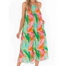 NWT Show me Your Mumu Lexington Midi Linen Blend Dress In Tropical Palm
