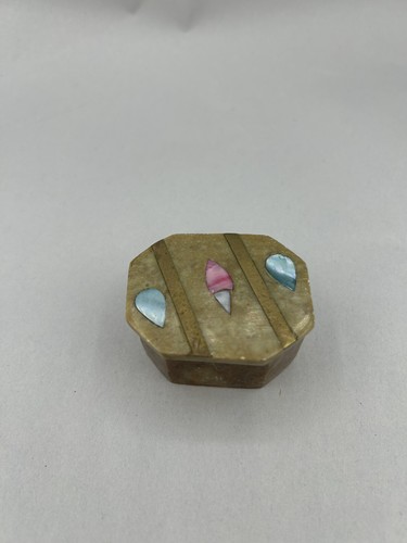 Vintage Colorful Pearl Inlay Angular Carved Soapstone Trinket Pill Box 2" India