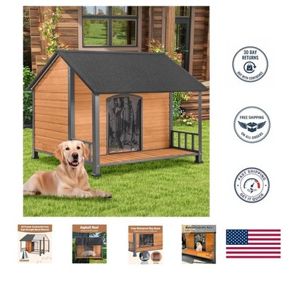 Luxury Large Dog House with Metal Frame, Waterproof Roof & Fir Wood Patio