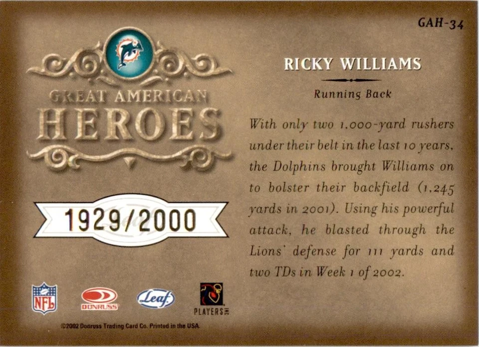 2002 Leaf Rookies Stars American Heroes #GAH-34 Ricky Williams Dolphins /2000 - Image 2 of 2
