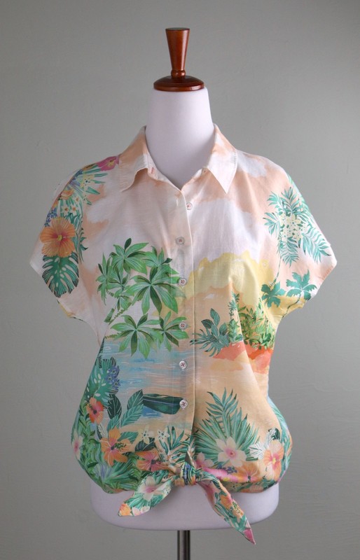 TALBOTS NWT $88 Tropical Beach Landscape Print Tie Front Linen Top Size Small