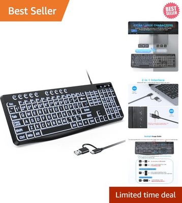 X9 Large Print Backlit Computer Keyboard - Easy to See Big Letters - Lighted USB