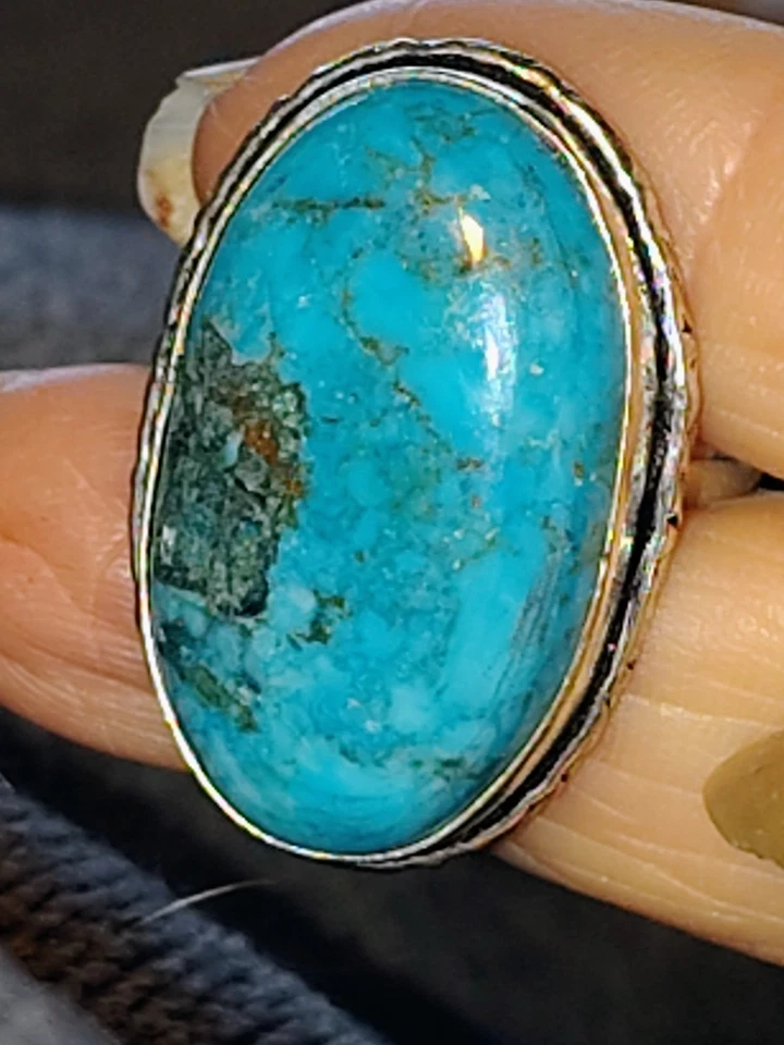 Anillo Vintage Plata de Ley 925 Turquesa Talla 6.75 Grande Ovalado Hubei Piedras Preciosas Foto 2 de 4