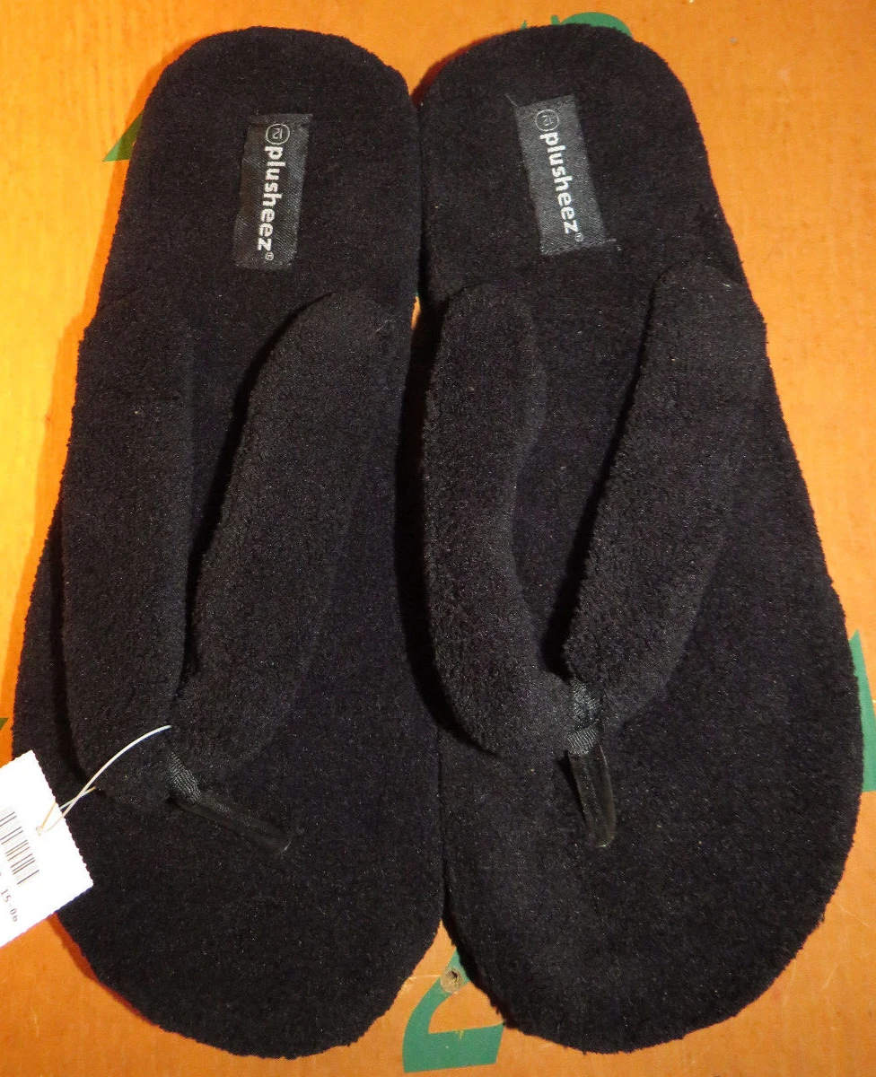 Women s Size 12 Plusheez Black Plush Flip Flop Slippers eBay
