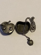 Vintage APPLE Brooch Pin Necklace Earrings & Jewelry Box KIDS SET Pewter TORINO