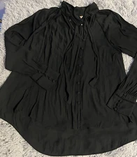 Free People Shirt Womens Small Button Front Black Long Sleeve Tie Neck High Low