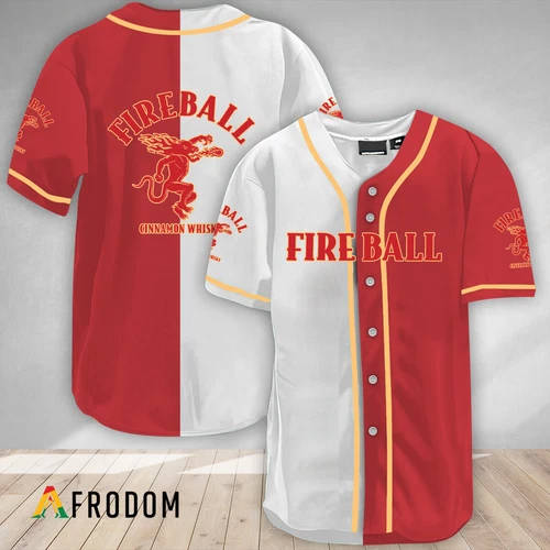White And Red Split Fireball Whisky Printed Baseball Shirt