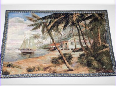 Manual Tapestry Art Wall Hanging of Key West, Florida  ~ 55x36 ~Signed by Poole