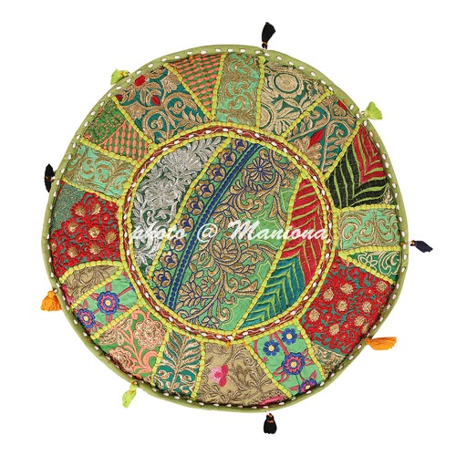 Sari pouffè verde patchwork cotone ricamato 22 pollici copertura ottomana - Foto 3 di 5