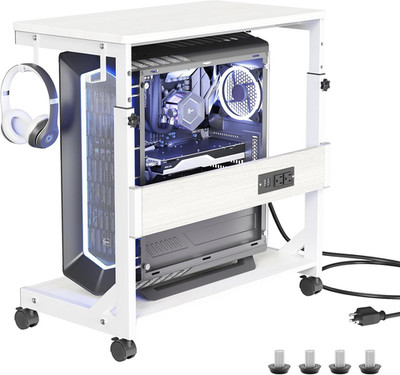 Height Adjustable PC Tower Stand with USB Charging & Locking Wheels
