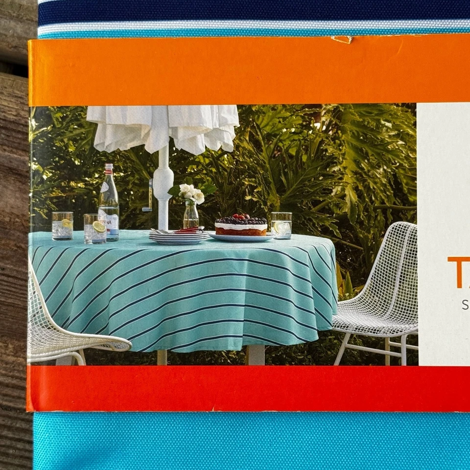 NEW NWT Target Blue with White Stripes Round 70 Inch Diameter Fabric Tablecloth - Image 2 of 4