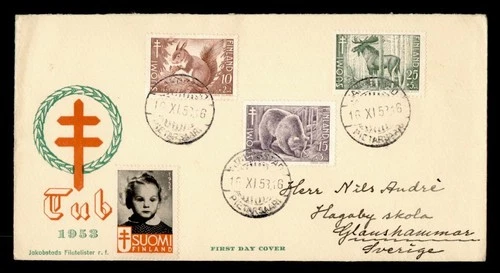 DR WHO 1953 FINLAND FDC ANIMAL TB SEMI POST COMBO M78955