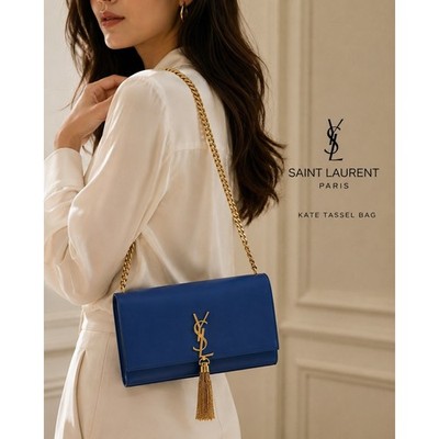 Authentic Saint Laurent YSL Kate Medium Monogram Tassel Crossbody Blue 354119