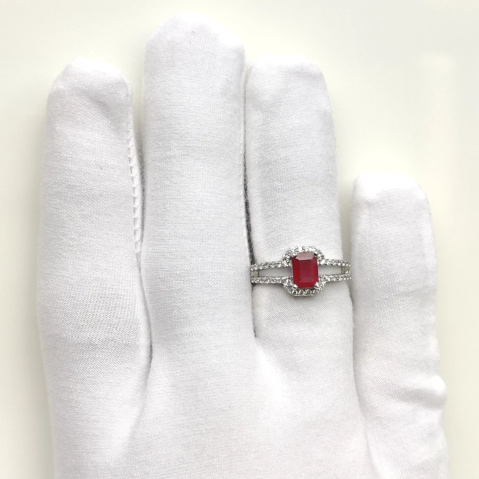 Ruby Engagement Ring Emerald Cut Red Gemstone with Diamond Halo 925 Silver Gift - Image 2 of 4