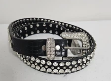 Beltiscool Black Skinny Rhinestone Belt Size 28" Cowboy Cowgirl Bling EUC **