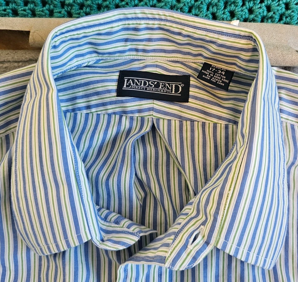 Lands' End Men's Long Sleeve Dress Shirt Size 17/34 Blue, White & Green Striped - Image 4 of 4