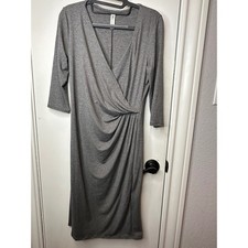 24seven Comfort Apparel Gray Faux Wrap Midi Dress 3/4 Sleeve Ruched Womens Med