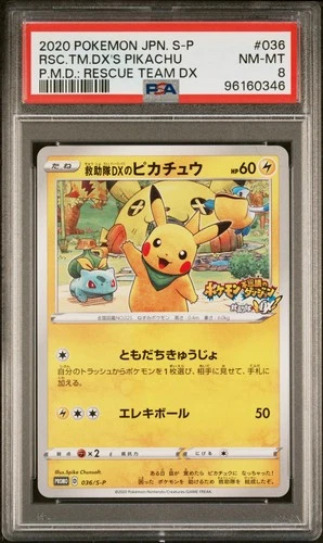 2020 Rescue Team DX's Pikachu S-P PROMO, Pokemon card, Graded PSA 8