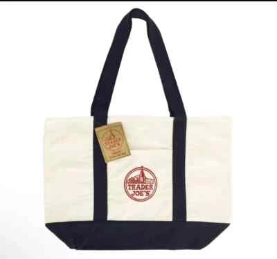 TRADER JOE'S Trader Joe’s Reusable Heavy Cotton Canvas Shopping Bag, Off White & Navy, Large