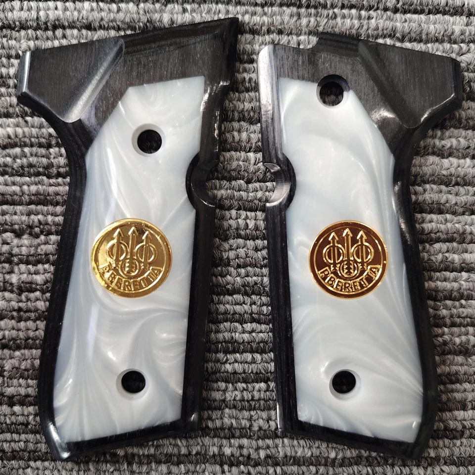 Beretta 92 fs grips white pearl resin with gold medaillon black wood 92F 92A1 92 - Image 2 of 4