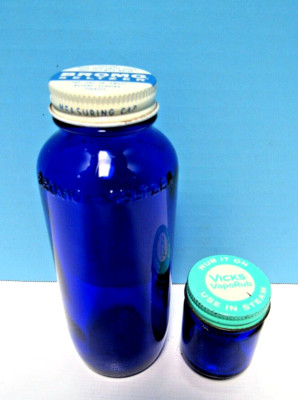 VINTAGE 1960's BROMO SELTZER & VICKS VAPORUB COBALT BLUE BOTTLES WITH TIN CAPS