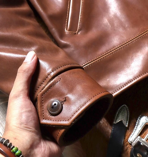 Chaqueta de motociclista retro informal americana estilo vintage de cuero de caballo encerado para hombre - Imagen 13 de 15
