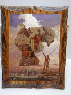 Vintage Native American Indian Picture On Lacquered Wood Wall