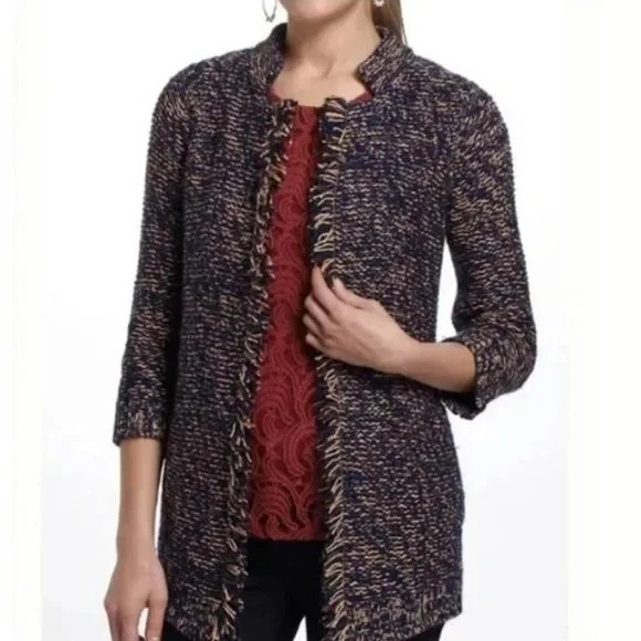 Cárdigan Anthropologie Sparrow para mujer mediano azul/bronceado jaspeado flecos lino lana Foto 3 de 4