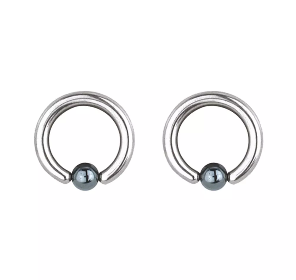 Pair of Steel Captive Bead Ring w 5mm Hematite Ball 8 Gauge 7 16