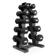 	CAP Barbell 100 lb Neoprene Hex Dumbbell Weight Set with Vertical A-Frame Ra...