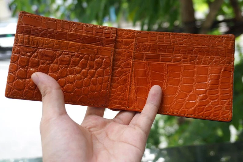 Real Double-sided Orange Black Leather Bifold Wallet Men's Wallet Card Holder - Image 2 of 4